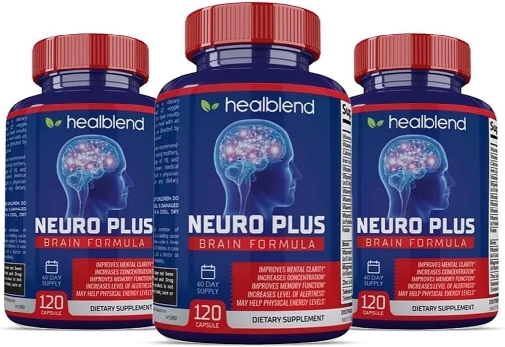 Neuro Plus Brain & Focus Formula - Brain Booster Supplement, Podpira mentalno jasnost in fokus - Izboljša koncentracijo in mentalno energijo – 120 kapsul (3 paket)
