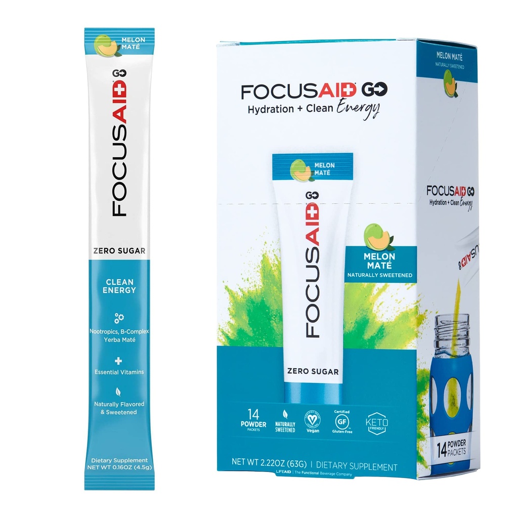 FOCUSAID GO Nootropics energijska mešanica, nič sladkor, Alpha-GPC, GABA, B-kompleks, Yerba Mate, zeleni čaj, Keto prijazno, 100mg naravni kofein (Pack of 14)