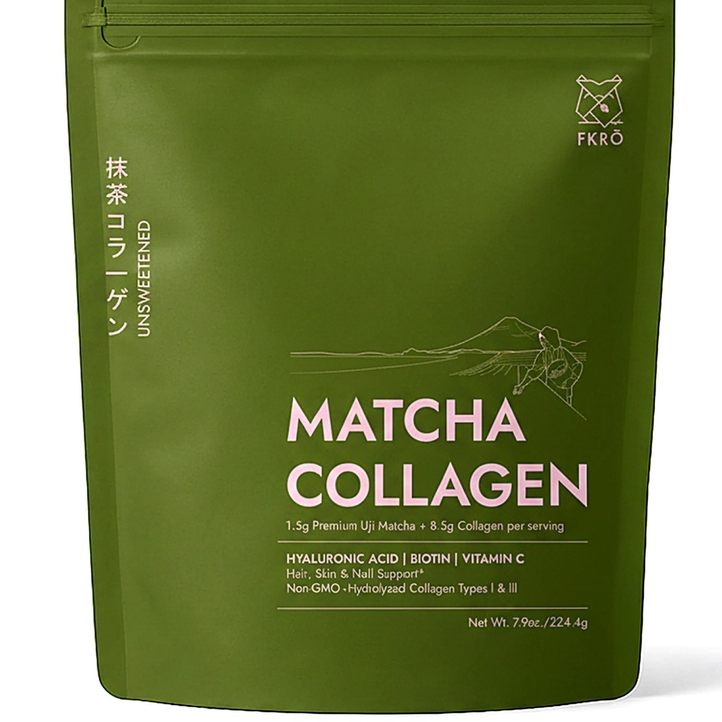 FKRO Matcha kolagen v prahu w Biotin, hialuronska kislina in vitamin C - Zdravi lasje, kože in nohti - Naraven tip I & III hidroliziran kolagen v prahu, Nesladkano Matcha Latte - 22 Servings, 7,9oz