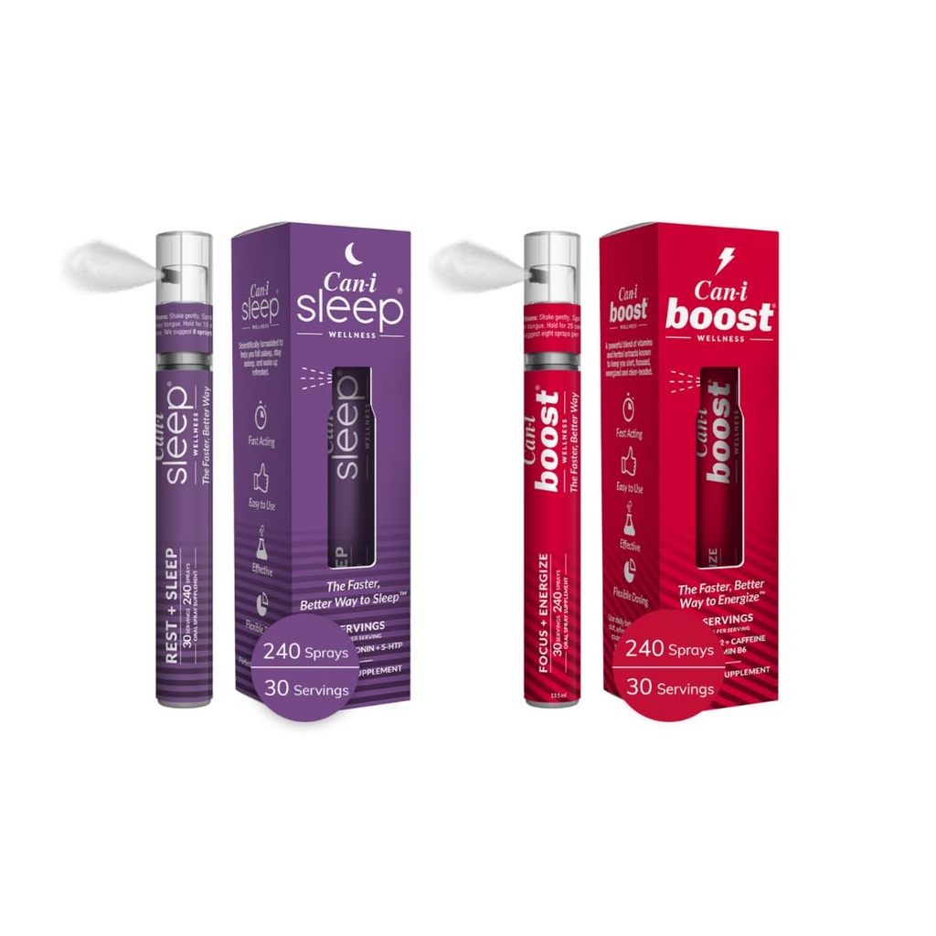 Can-i Wellness Fast-Acting ustno pršilo Bundle - Natural Sleep dodatek z Melatonin in GABA, Dnevna energijska podpora z B12, Ubiquinol in Caffeine – Veganska Formula, Prenosni, potovalno prijateljski Spray
