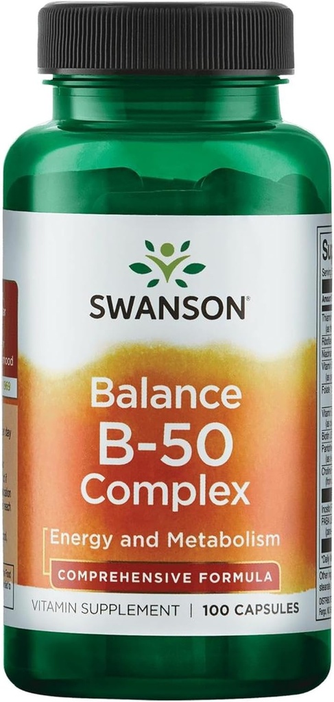 Swanson B-50 Complex - Vitaminski dodatek Promocija energije in metabolizma - Lahko podpira zdravje srca, spomin in podporo - (100 kapsul)