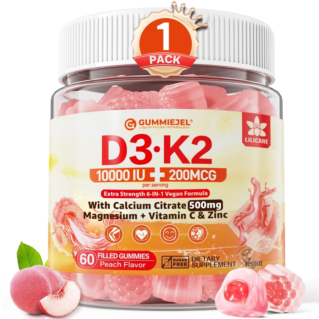 Vitamin D3 K2 Gummies 5000IU / 10,000 IU with 500mg Calcium + K2(MK-7) 200mcg, Magnesium, Vitamin C & Zinc, Extra Strength - Ultimate Absorbency for Bones, Muscles, Teeth, Vegan, 60 Count (Pack of 1)