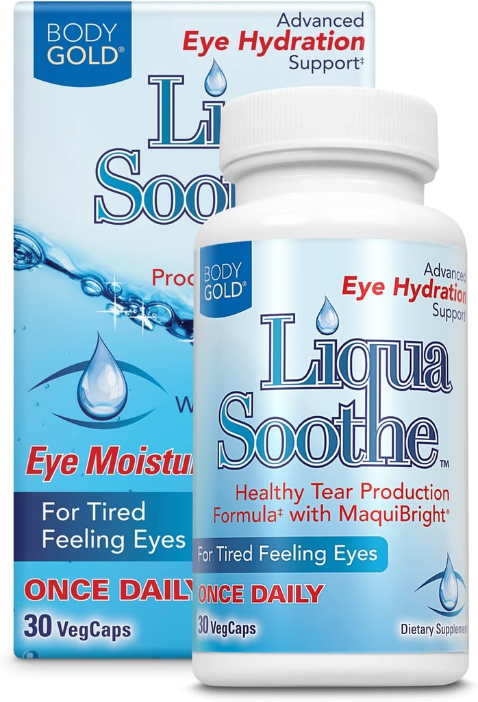 Body Gold Liqua Soothe Eye Health Supplement, Zdrava Tear Production Formula za suho, utrujeni občutek oči, w/MaquiBright, Vitamin A, Lutein in hialuronska kislina, 60 dan garancije, 30 Serv, 30 VegCaps