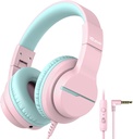 iClever HS19 Kids slušalke z mikrofonom za šolo, Safe Volume Limited, Over-Ear Girls Boys slušalke za otroke s Shareport, Zvite žice za iPad / Travel (Pink)