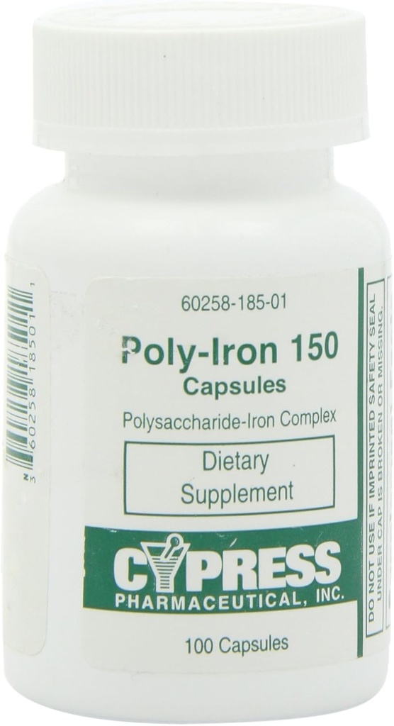 Prehranska dopolnila – poliželezne kapsule 150 mg (100 kapsul na steklenico) zdravila Cypress Pharmaceutical #185-01 (1 steklenica s 100 pokrovčki)