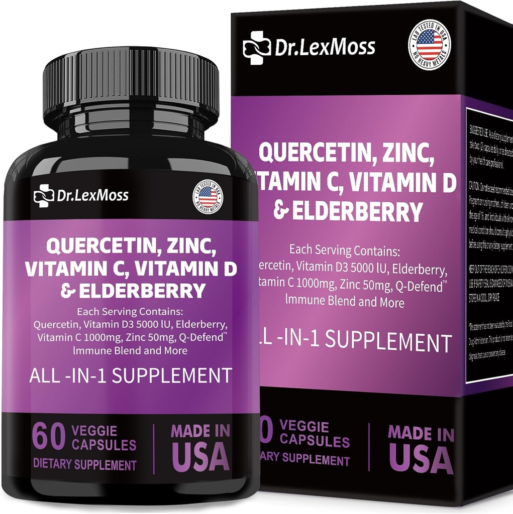 60 Count Quercetin 1000mg Cink 50mg Vitamin C 1000mg Vitamin D 5000IU Imunski sistem Podpora dodatek z Echinacea Ginger Bromelain Sea Moss Česen Nettle Vegan kapsule za moške in ženske, ZDA
