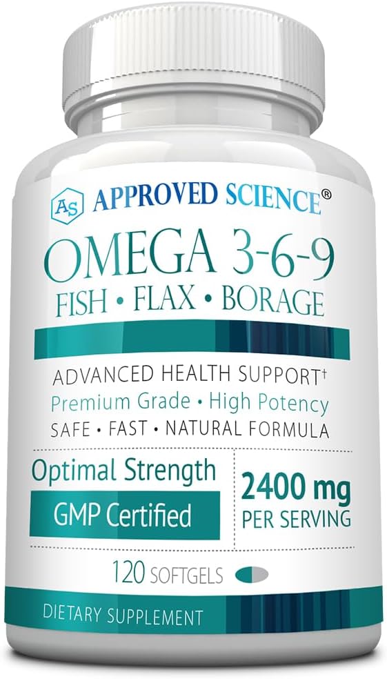 Odobreno Znanost Omega 3-6-9-2400mg Dnevna mešanica rib, Laneno seme in Borage Oils z vitaminom E - Wellness Support - Non-GMO, Mercury-free - 120 Softgels - 2 mesec dobave
