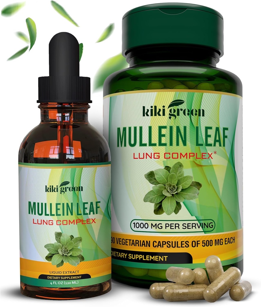 KIKI Green Mullein kapsule in tekoče kapljice Bundle - Mullein Leaf Extract dodatki, 90 Kapsule + 2 fl oz - za podporo dihal in imunitete, boljše Lung funkcijo, čiščenje in lajšanje pljuč