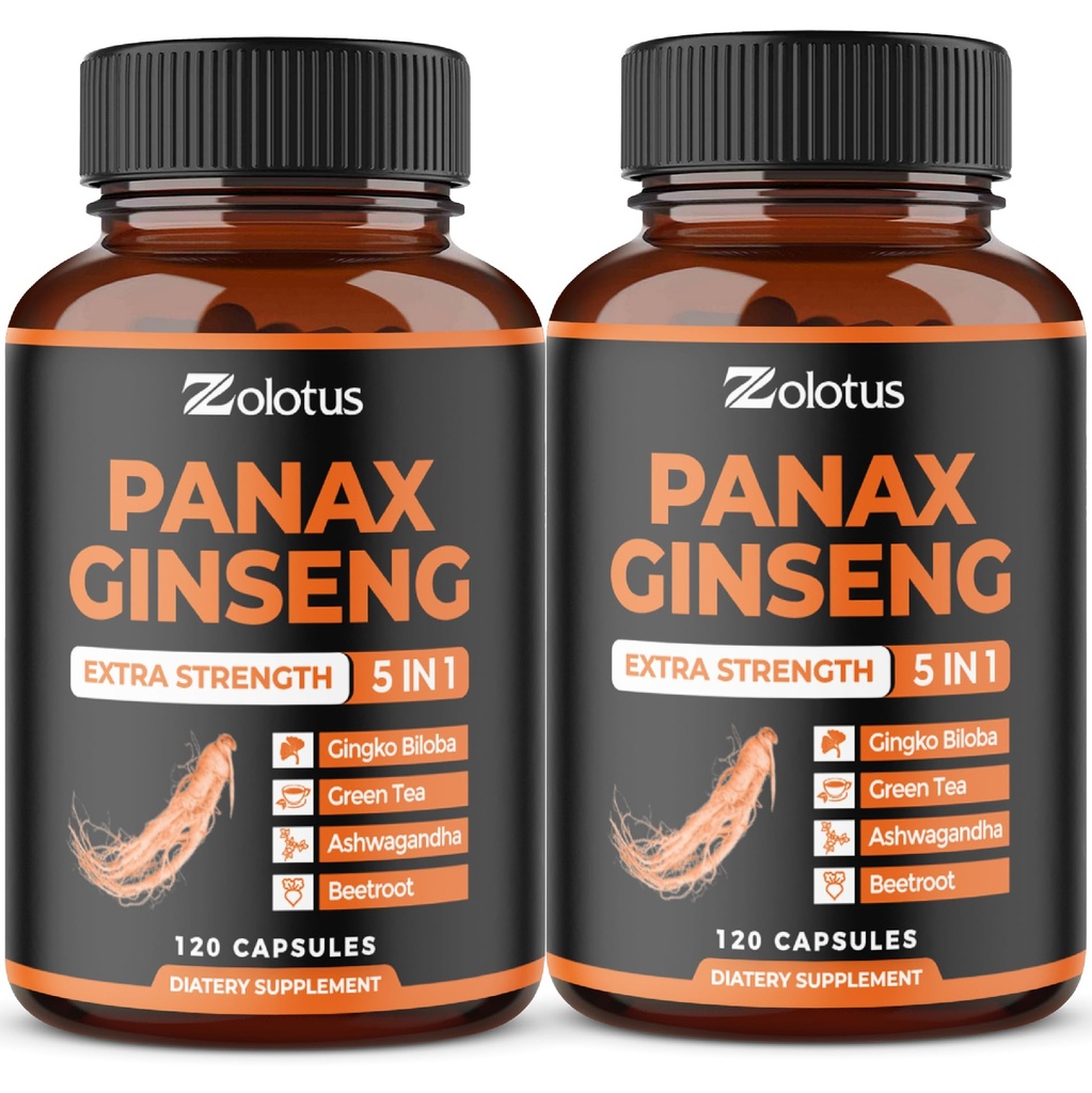 Zolotus Korean Red Panax Ginseng + Ginkgo Biloba, Ashwagandha, rdeča pesa, zeleni čaj - 120 kapsul (paket po 2)