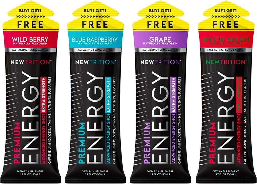 NewTrition® Extra Strength Energy Shots, 250mg Kofein Energija z vitaminom B in aminokislinami, Sugar-free Vitamin Energy Shot, Zero Calorie Focus & Stamina Booster, 1,7 fl oz (Pack 4, 4 Flavors-Mexed-1)
