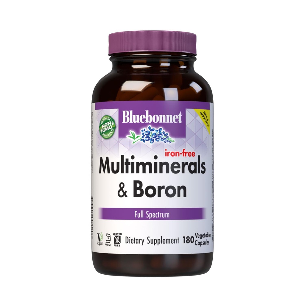 Bluebonnet Multi Minerals Supplement Plus Boron kelirani magnezij Kalijev baker Selen manganov krom in cink kompleks za ženske in moške - brez železa, ne-GMO, Gluten-free - 180 zelenjavnih kapsul