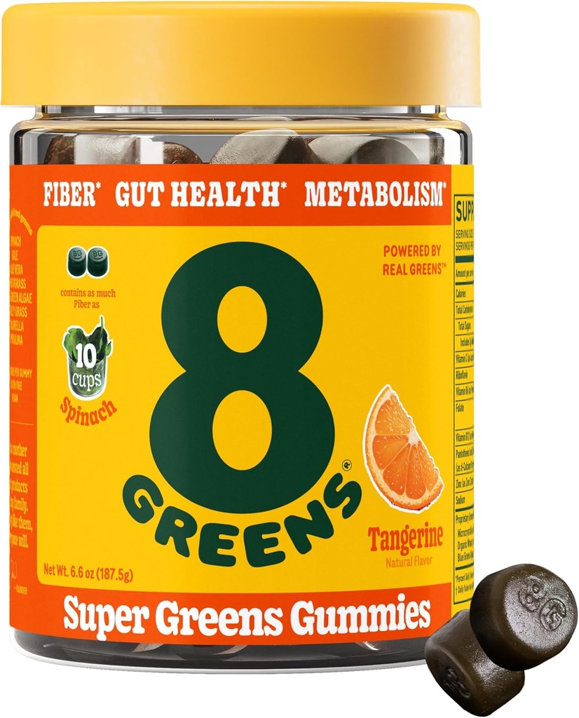 8Greens Fiber Super Greens Gumies  Prebavno zdravje, povečanje imunskega sistema in prebavno zdravje z 8 Real Greens - Ne-GMO Formula, Gummy, Tangerine Flavor, 50 Count