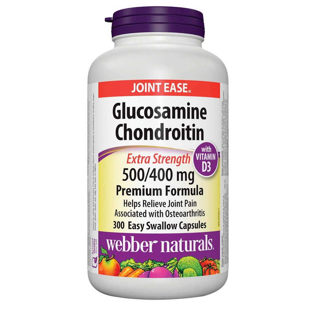Webber Naturals Glukozamin Chondroitin z vitaminom D3, dodatna jakost, 500/400 mg, Premium Formula, 300 Enostavne kapsule