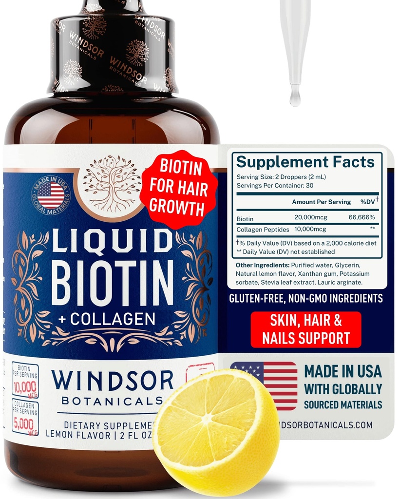 Tekoči biotin za rast las Kolagen - Biotin Tekoči 10.000mcg Kolagen 5000mcg Dodatna moč Tekoči kolagen in Biotin Kapljice za rast las - Biotin in kolagen kapljice za ženske - 2oz