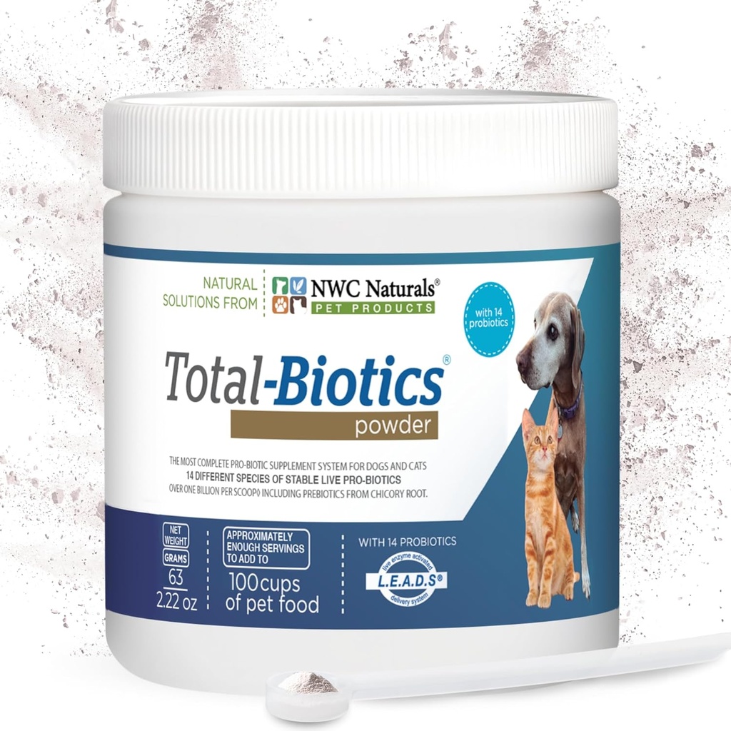 NWC Naturals Total-Biotics, Mačke in psi probiotiki za prebavno zdravje s prebiotiko, Nearomated Probiotic za pse in mačke, Dopolnilo za drobovje, kožo, plašč, Stomach Relief, 100 Servings, 2.22 Ounces