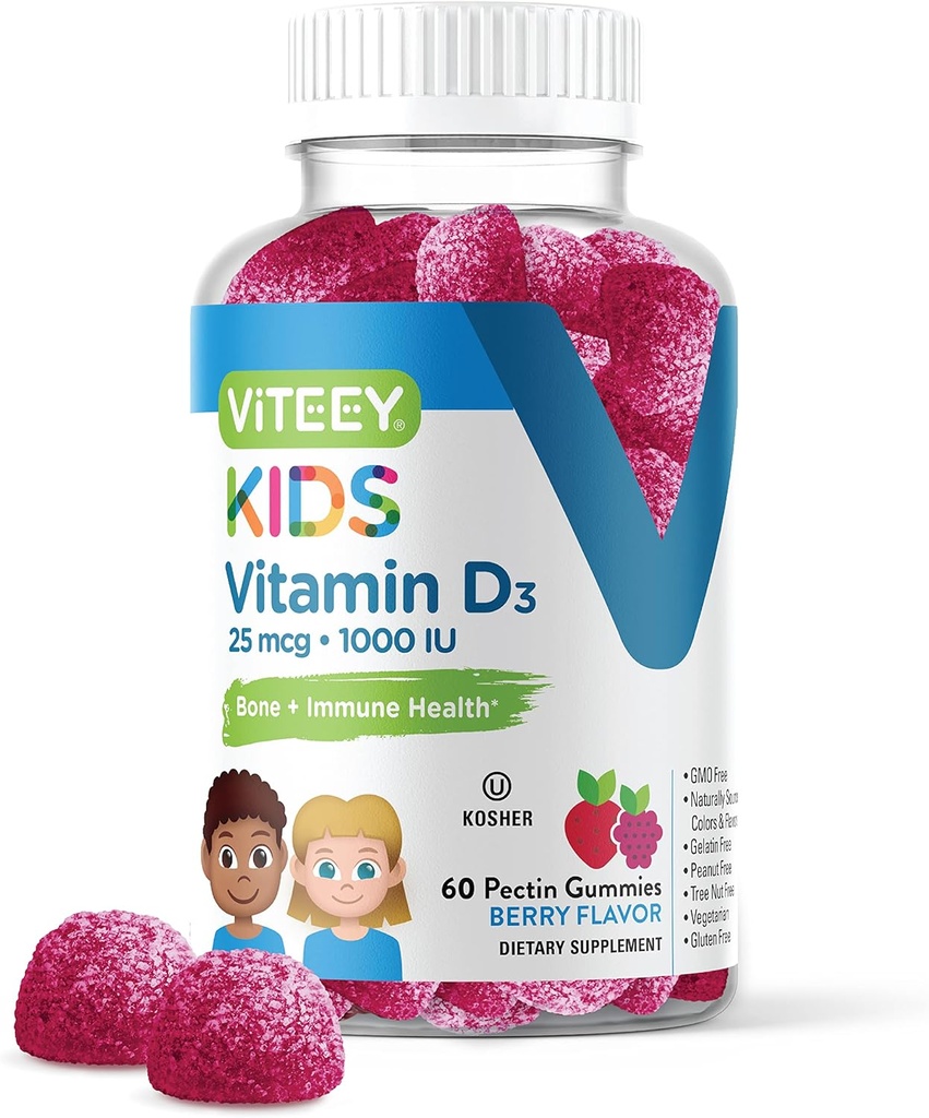 Viteey Vitamin D3 Otroci Gumiji 25mcg 1000 i.e. - Zdravje kosti, imuno zdravje, skupna podpora mišic - vegetarijanska, želatina brez glutena, brez GSO - Okusno žvečljiva jagoda