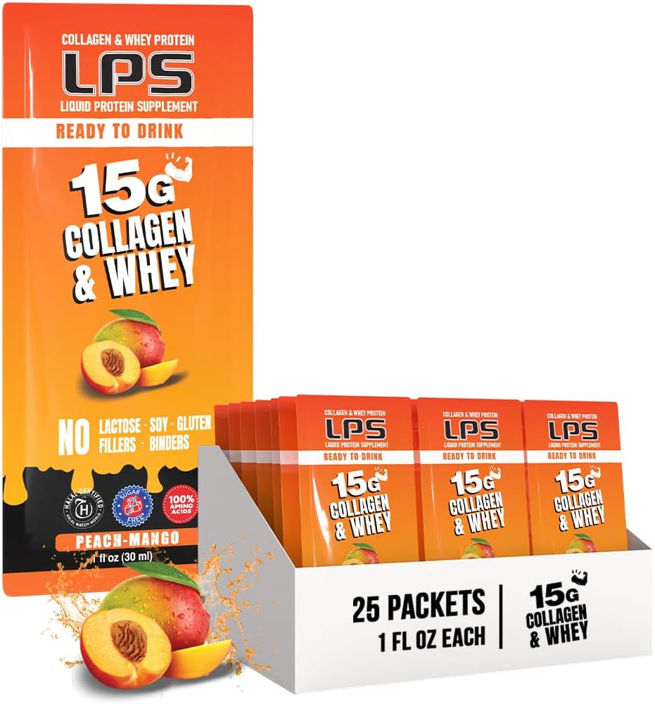 LPS Liquid Collagen & Whey Protein Supplement - ne-GMO pijača, brez sladkorja - spodbuja zdravo kožo in lase za moške in ženske, breskev Mango, enojni serv (25 paketov)