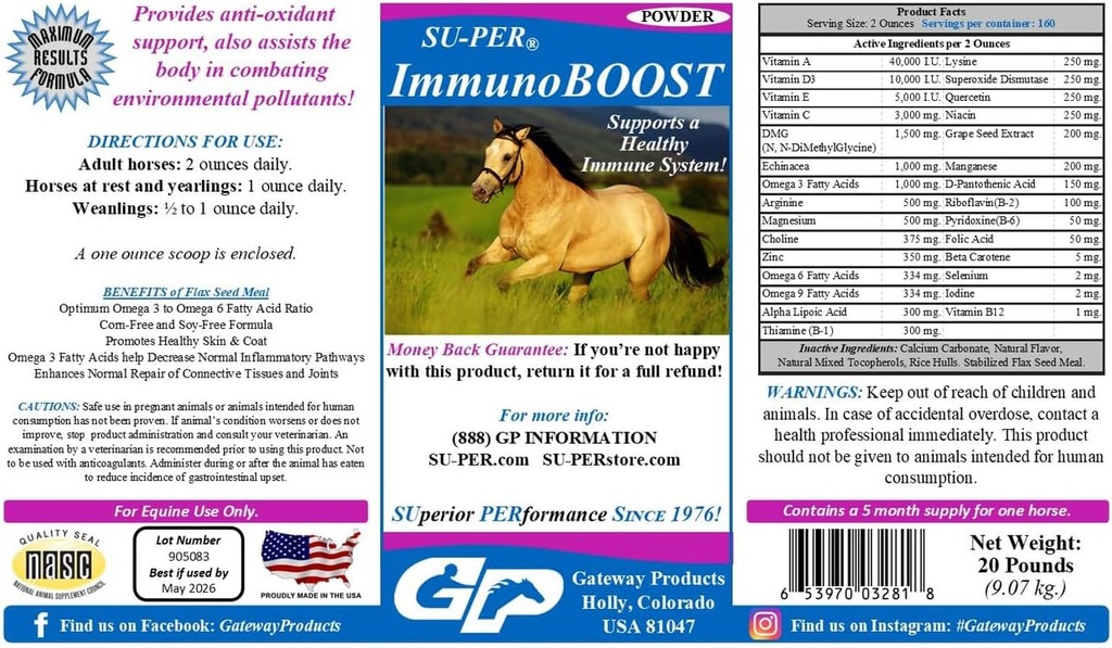 SU-PER ImunoBOOST konj anti-oksidant dodatek - podpira imunski sistem in prehranske pomanjkljivosti - Vitamini E & C, izvleček grozdnega semena, zeliščni ekstrakti - 20 Pound, 5 mesecev dobave