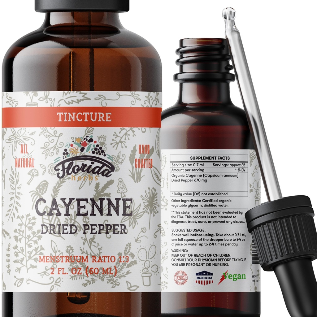 Cayenne Tincture Extract, Organic Cayenne (Capsicum annuum) Posušena paprika - zelenjavni glicerin - Non-GMO - 2 oz