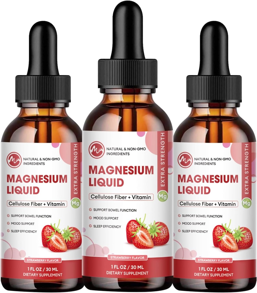 (3 pakiranja) Magnezij Glicinat Tekoče kapljice, visoka absorpcija Magnezij Tekočine z bromelainom, Vitamin B6 C D, Magnezij dodatek za otroke in odrasle, Noč in podpora mišic, Jagodna aroma