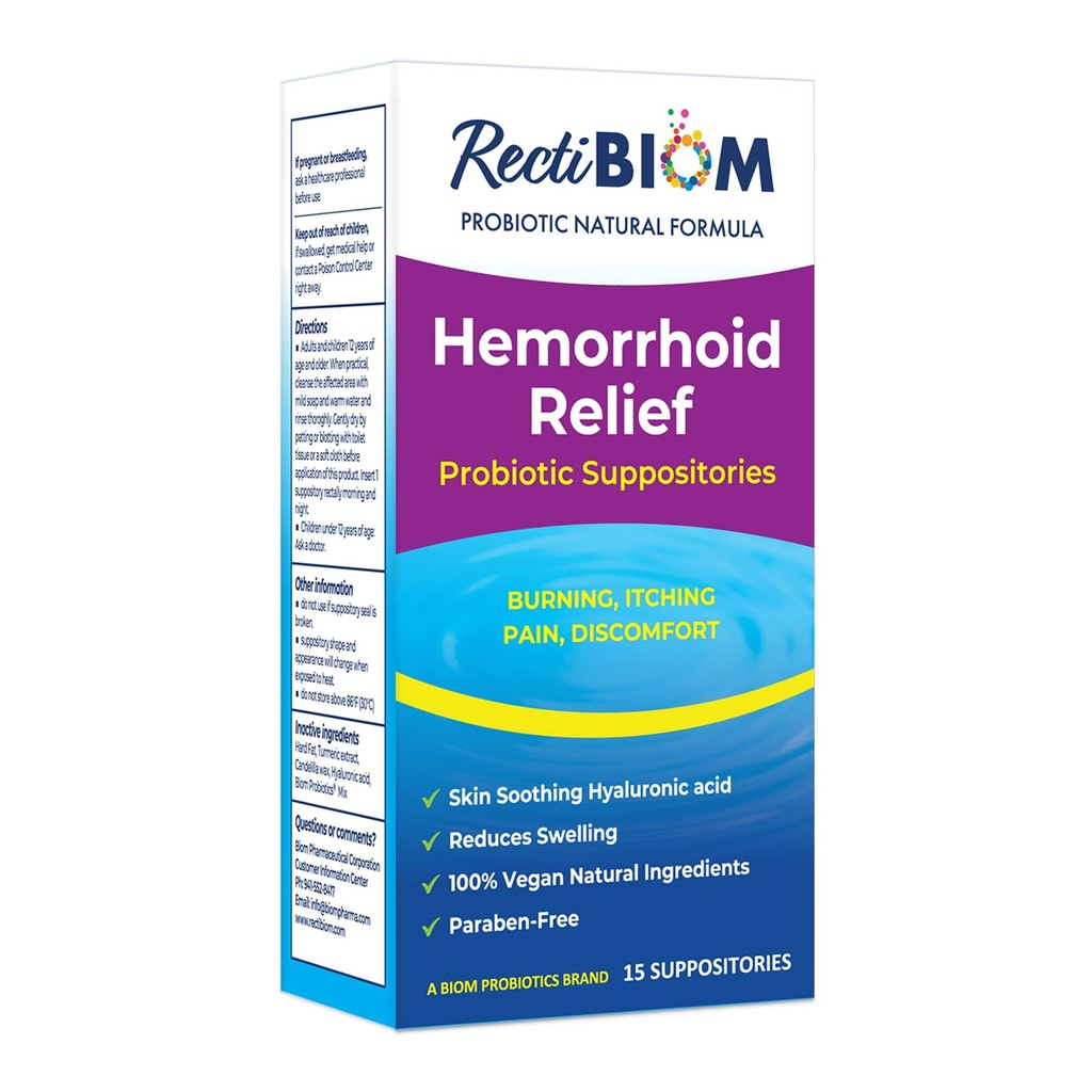 RectiBiom probiotic hemorhoid Relief Suppositorys with Skin Meothing naravne sestavine, hitro lajšanje. Hialuronska kislina in izvleček kurkuma, veganska formulacija brez glutena