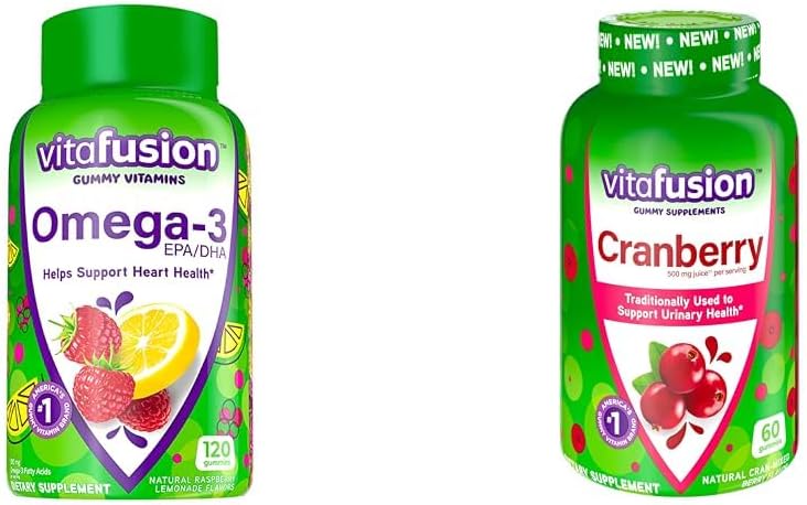 Vitafusion Omega-3 Health Gummy Vitamini z brusnic Gummies za ženske, 120 Count Omega 3 EPA/DHA Berry limonada in 60 Count 500mg Cranberry Juice koncentrat na postrežbo