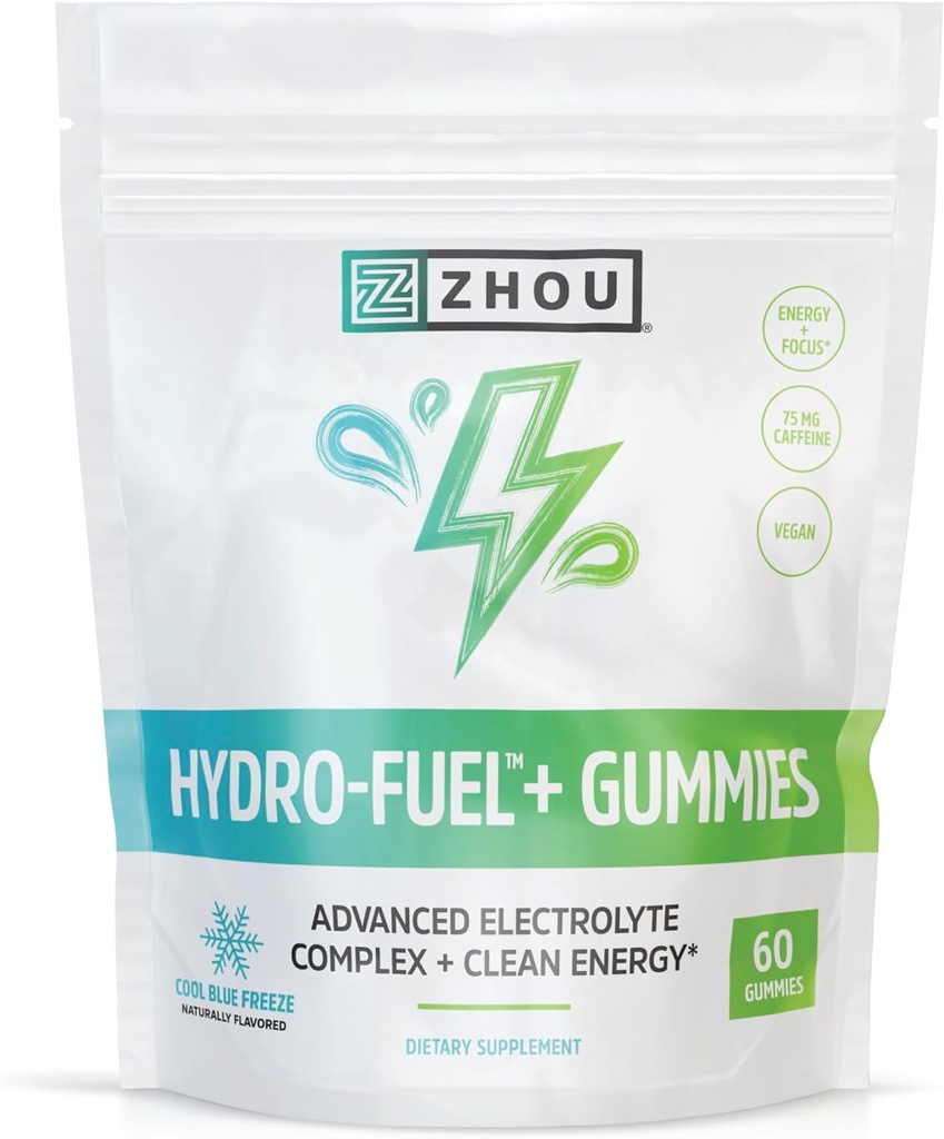 Zhou Nutrition Hydro-Fuel+ Gumiji - Elektrolitne žvečilke za hidracijo, napredne žvečilke z elektrolitskim kompleksom in 75 mg kofeina za čisto energijo, hidracijski dodatek - 60 veganskih žvečil