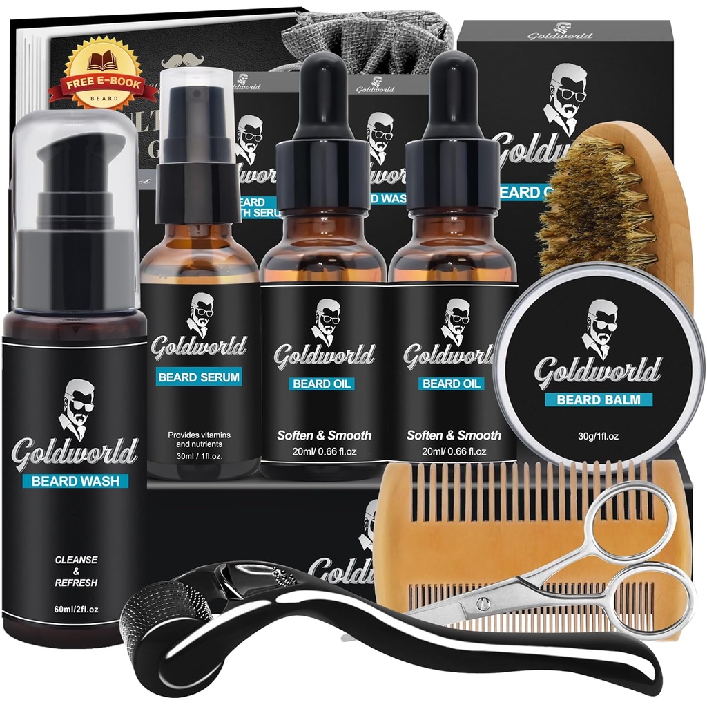 Beard Kit, Beard Grooming Kit w/Beard Wash/Shampoo,2 Packs Beard Oil,Bard Balm, Beard Wash,Brush,Comb,Scisor,Storage Bag,E-Book,Beard Care&Trimming Kit