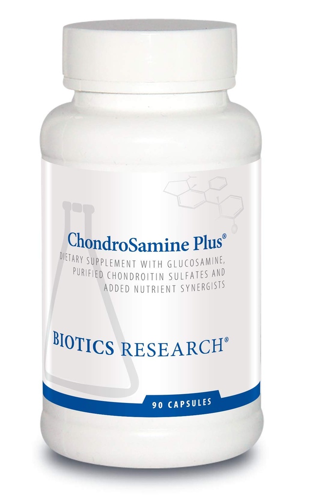 Biotics Raziskave ChondroSamine Plus Glukozamin Plus Chondroitin, MSM, Vitamini in minerali, Skupni & povezovalna podpora tkiva, Zdrav in lahka gibanja. 90 kapsul