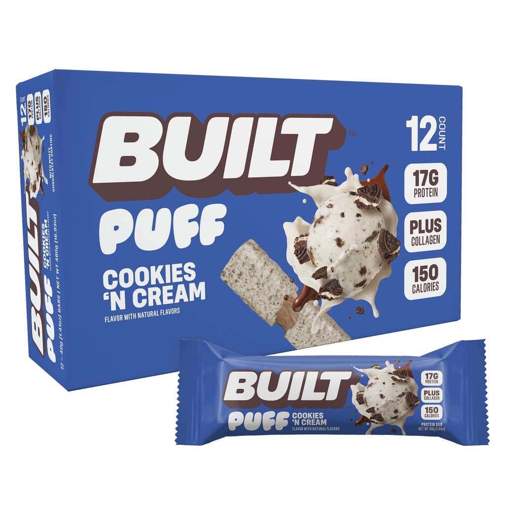 Zgrajena ploščica, Puff Protein Bars, Piškotki 'N krema Puff, 17g proteinski prigrizki, on-the-Go Bars, samo 140 kalorij, 7g sladkor, kolagen, ne Gluten brezplačno, 12 Število