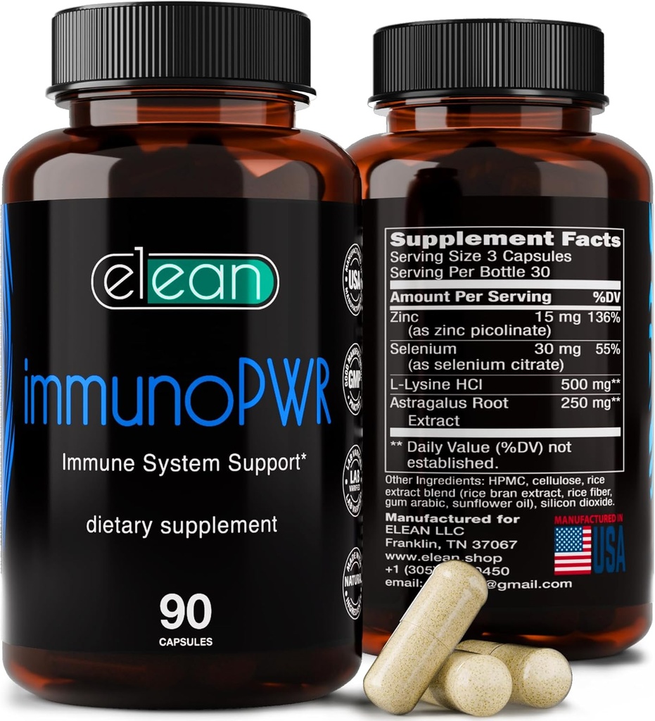 ELEAN Imuno PWR- obogaten z cinkom, selenom, aminokislinsko lizino in Astragalus Root Extract za kolagen sintezo, zdravje ščitnice, mineralno podporo, energijo in imunskim zdravjem 90 Veg kapsule.