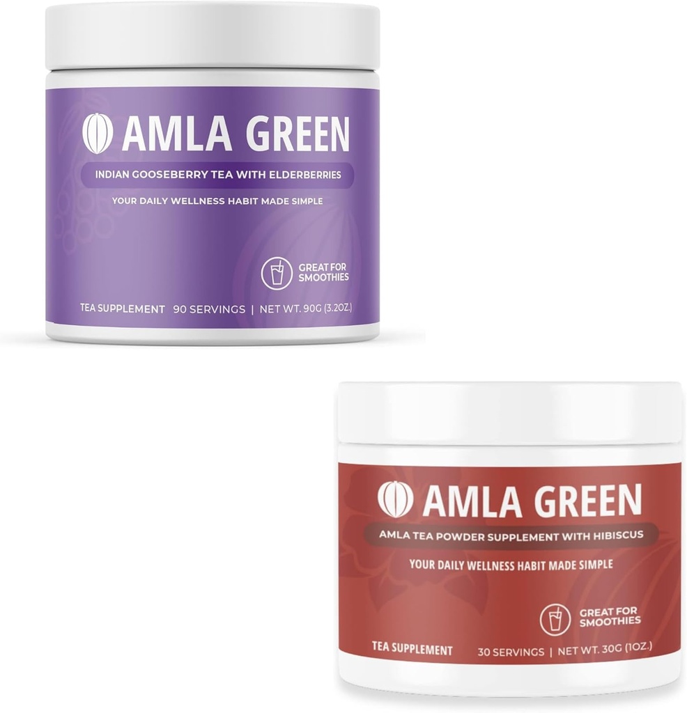 Amla Powder & Green Tea Superfood Supplement, Antioksidant Podpora, izdelan z bezgovimi jagodami (90 Servings) & Hibiscus (30 servings), Organic, Vegan