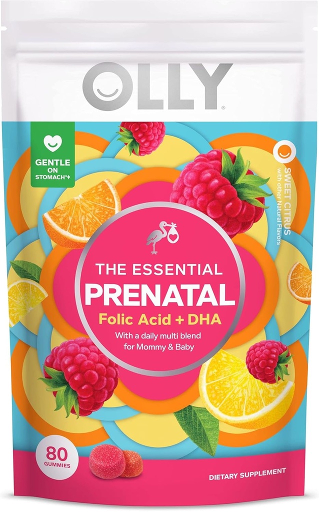 OLY prednatalni multivitaminski Gummy, Podpira zdravo rast in razvoj možganov, Folna kislina, Vitamin D, Omega 3 DHA, Žvečljivi dodatek, Citrus Berry Flavor, 40-dnevna dobava - 80 Count Pouch