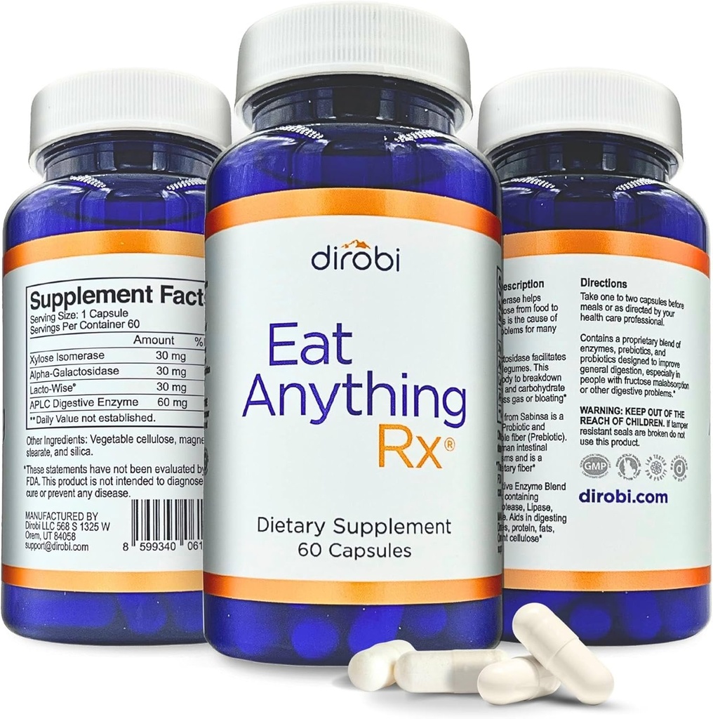 Dirobi Jejte vse, kar Xiloza Izomeraza Fruktoza Malabsorpcija Encimi, FODMAP dopolnilo, Prebavni encimi za boljšo laktozo, maščobe, beljakovine in ogljikovi hidrati Prebavni plin & Bloating Relief 60 kapsul