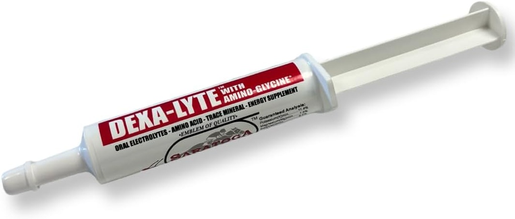 Dexa-Lyte - Premium Electrolyte & Amino Acid Energy Boost za konje. Hitro olepševanje izgubljenih mineralov iz vadbe, dehidracije in ekstremnega vremena. Enostavna za dajanje injekcijske brizge.