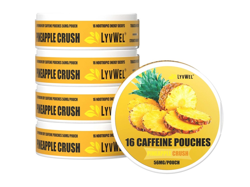 LyvWel 56mg Kofeinske energetske vrečke – Pineapple – Čista energija in fokus Boost z Guarana – 5-Pack s 16 vrečke na pločevinko (80 Total Pouches)