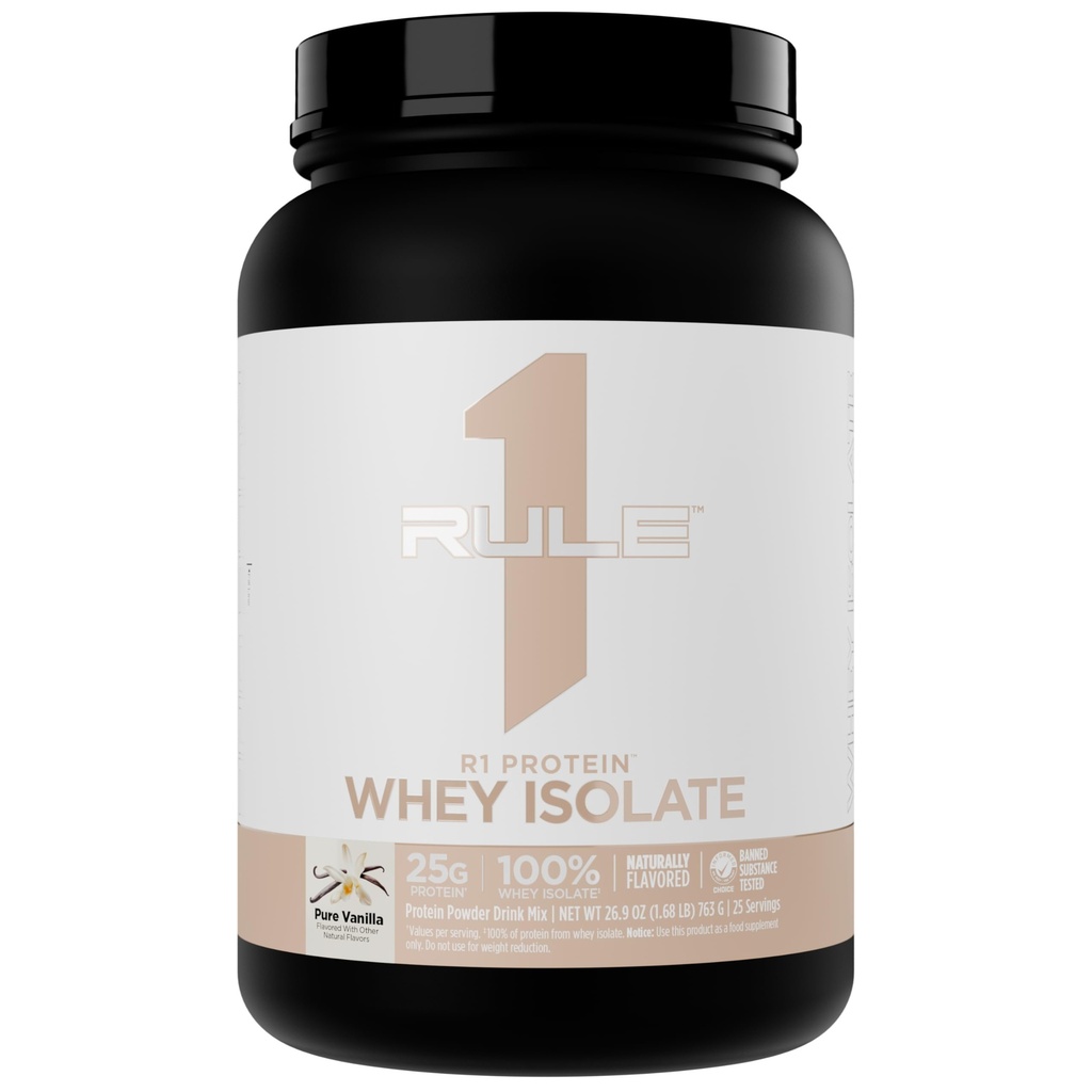 Pravilo 1 Seveda aromatizirani izolat beljakovin R1 Whey - čista formula s 25 g beljakovin in 6 g BCAA Izključno izolirani in hidrolizirani viri za regeneracijo vadbe (1.7 funtov*, Pure Vanilla)