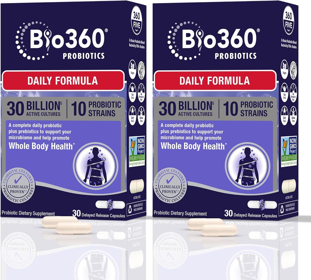 Bio360 Adult Daily Probiotic Supplement za ženske in moške, 30 milijard CFU, 10 sevov, organskih prebiotičnih vlaknin, pregestivnega in imunskega zdravja, občasno zaprtje, driska in napenjanje, 30CT (2 paket)