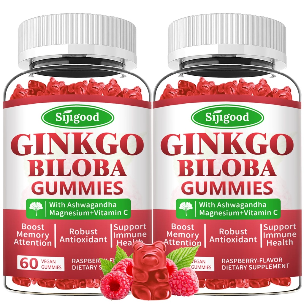 2 Pack Ginkgo Biloba Gummies s Panax Ginseng in magnezij, Ginkgo Biloba dopolnila za fokus, spomin, in zdravje možganov za odrasle & otroke, Vegan Raspberry Flavor Gummies, 120 Count