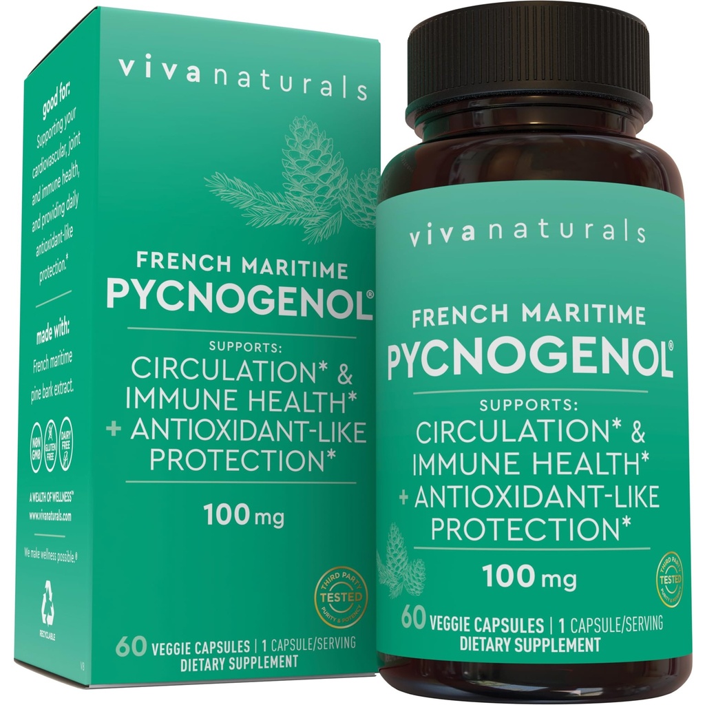 Viva Natural Pycnogenol - 100mg francoski pomorski pine Bark Extract – Podpira cirkulacijo, antioksidantu podobne dejavnosti, sklepov in imunskega zdravja in funkcije – 60 Veggie kapsule