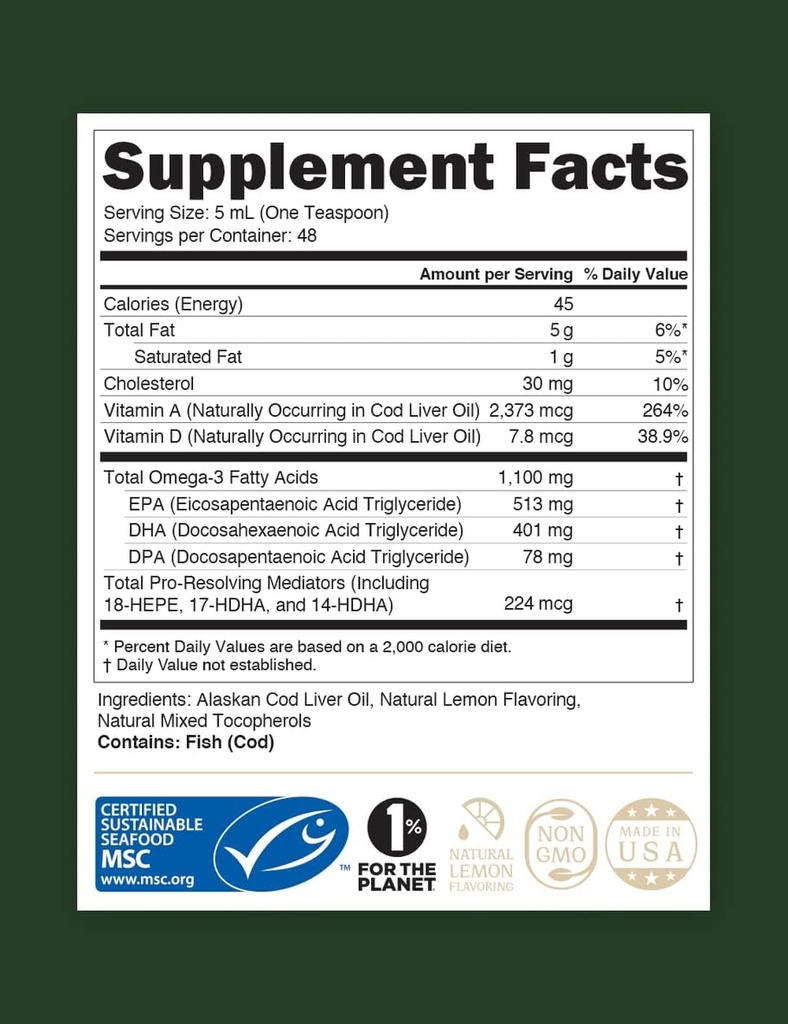 STEWARD - Aljaško Liquid Cod Jetrno olje 8 oz. Omega-3's EPA, DHA, DPA in SPM + Naravni vitamini A & D