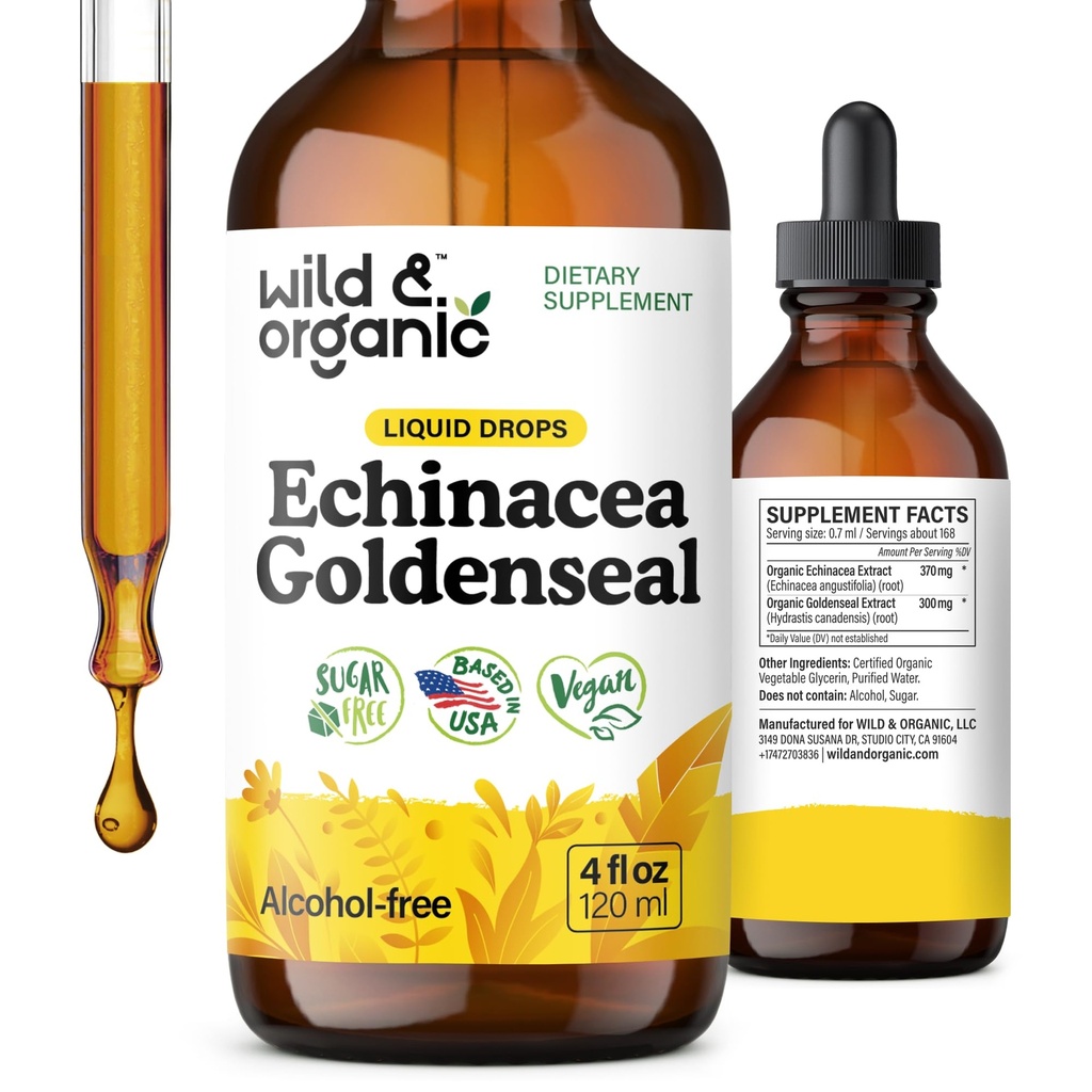 Wild & Organic Echinacea Goldenseal Tinkture - Imunska podpora kapljice z Echinacea in Goldenseal Root Extract - Veganski, sladkor in alkohol brez tekočine dodatek - 4 fl oz