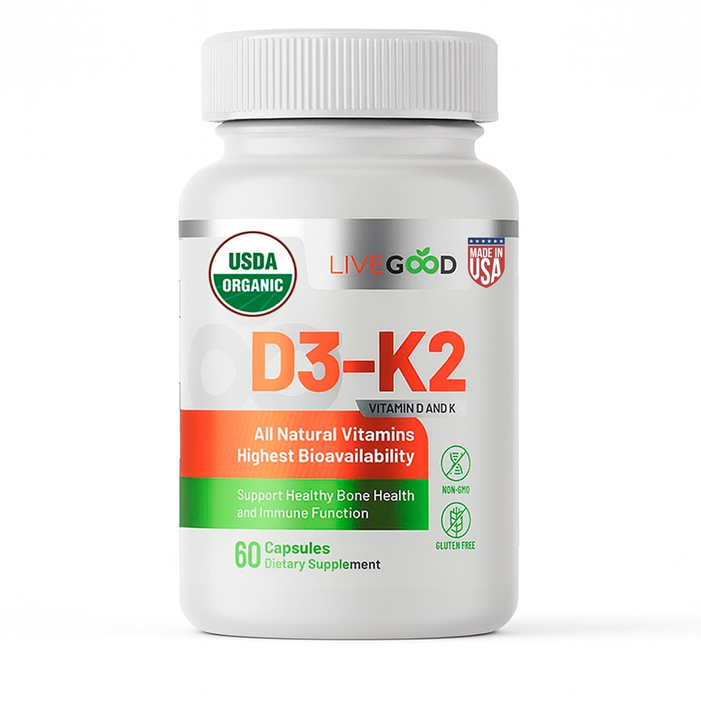 LIVEGOOD Organic D3 K2 Supplement 2000 i.e., veganske kapsule z MK-7, čistim vitaminom D3 s K2 za imuno in podporo kosti, narejene v Formuli ZDA Organic D3 K2 (60 Count)