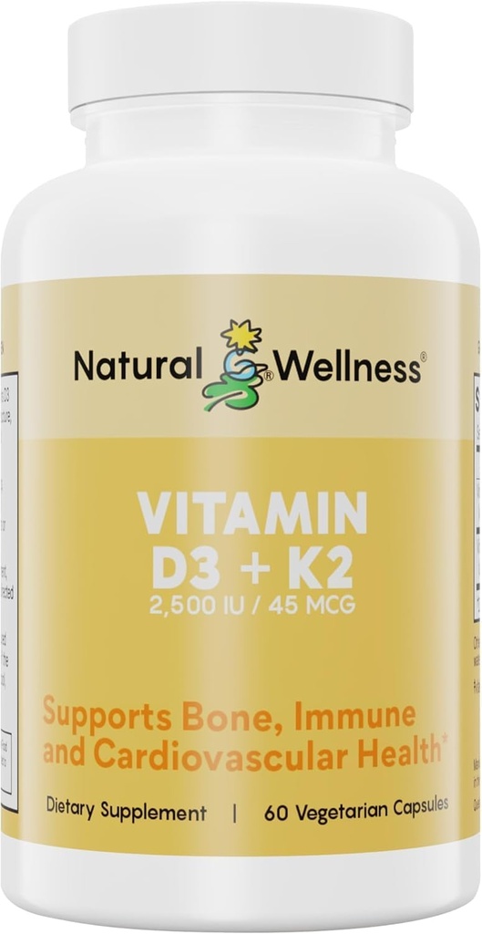 Naravni Wellness Vitamin D3 + K2 – Visoka moč Vitamin D3 2500 i.e. & K2 MK-7 45 μg – Podpira moč kosti, zdravje srca, imuniteto in presnovo - All-in-One Natural Vegan dodatek, 90 kapsul