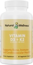 Naravni Wellness Vitamin D3 + K2 – Visoka moč Vitamin D3 2500 i.e. & K2 MK-7 45 μg – Podpira moč kosti, zdravje srca, imuniteto in presnovo - All-in-One Natural Vegan dodatek, 90 kapsul