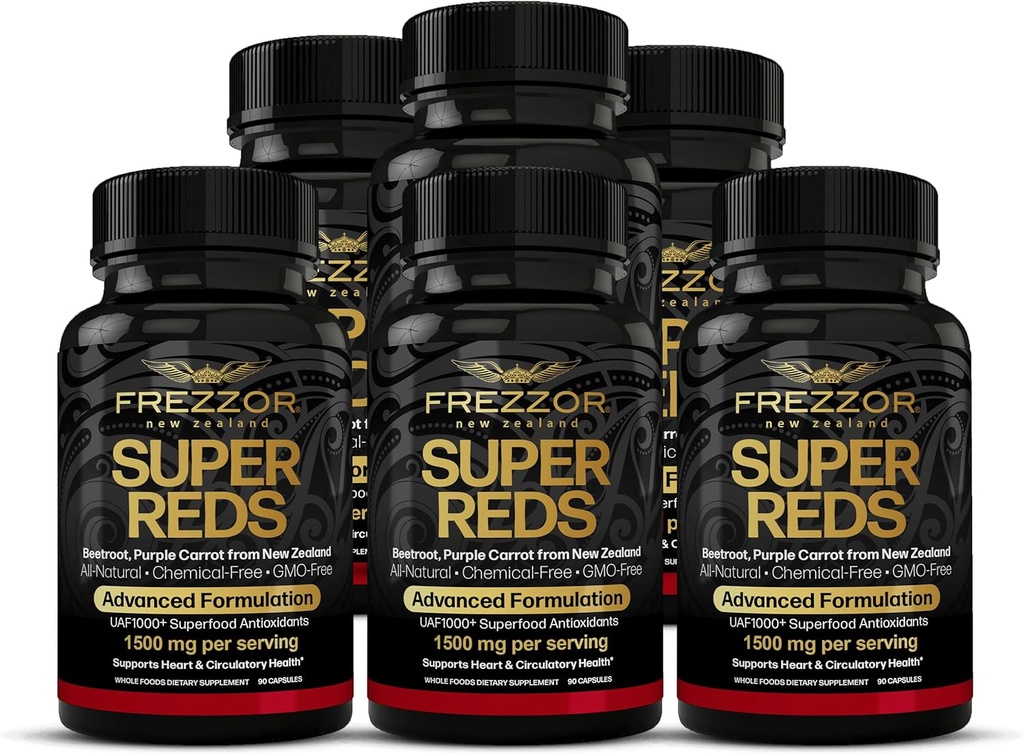 FREZZOR Super rdeče kapsule z UAF1000+, vse naravne Novozelandska rdeča superživilska energija, Essential Red Fruits Zelenjava & Bies, antioksidanti, encimi, energijske dodatke, 540 kapsul, 6 steklenic