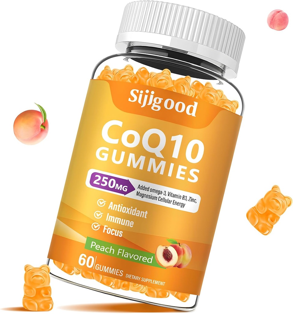 CoQ10 Gumies brez sladkorja, Plus Omega-3, Vitamin B3 in cink, Magnezij, 5X visoko Absorpcijski koencim Q10 dopolnila, q10 Boost celična energija, Potent Antioksidant & Možgani, Peach Flavor, 60 Cts