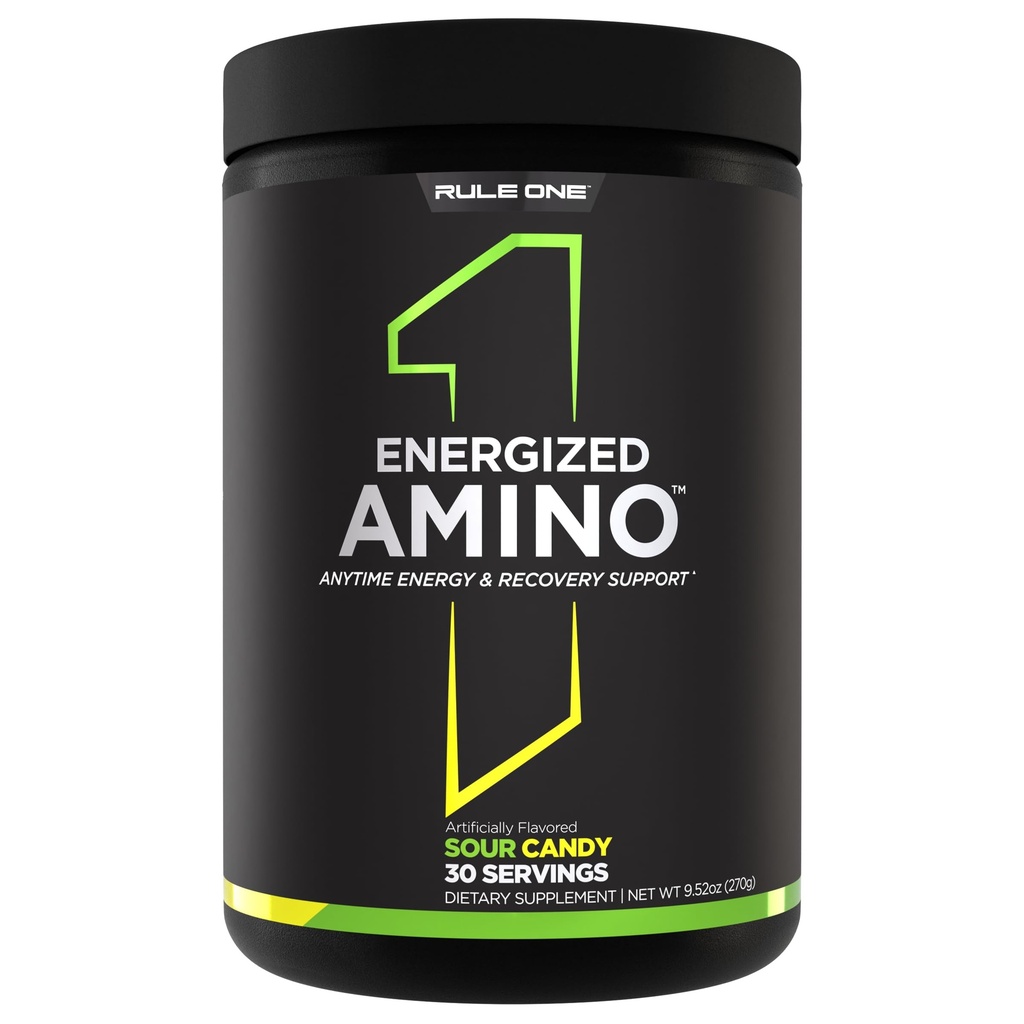 Pravilo 1 Energized Amino – Kadarkoli energija in regeneracija Podpora z BCAA, Glutamin, Citrulin, Beta Alanin, in kofein iz izvlečkov zelene kave in čaja (30 strežbe, Sour Candy)