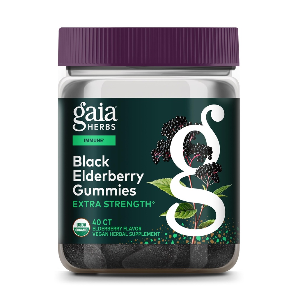 Gaia Herbs Black Elderberry (Sambucus Nigra) Extra Strength Gummies - Delicious Imunska podpora dodatek - Izdelano z Certified Organic Black Elderberries za podporo imunskega sistema - 40 Gummies