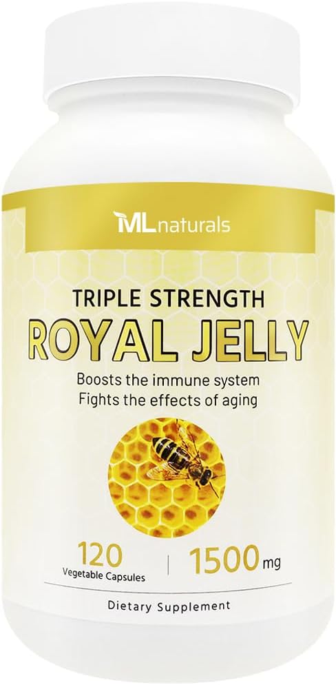 ML Naturals Royal Jelly 1500mg 120 zelenjavnih kapsul, ekvivalentno 6% (27mg) 10-HDA. Zmrznjeno, brez glutena, certificirano z NSF in cGMP